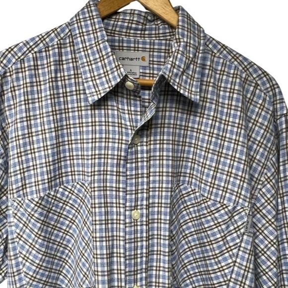 Carhartt Button Front Blue Brown Plaid 100% Cotton Long Sleeve Shirt Size Large - Picture 2 of 5